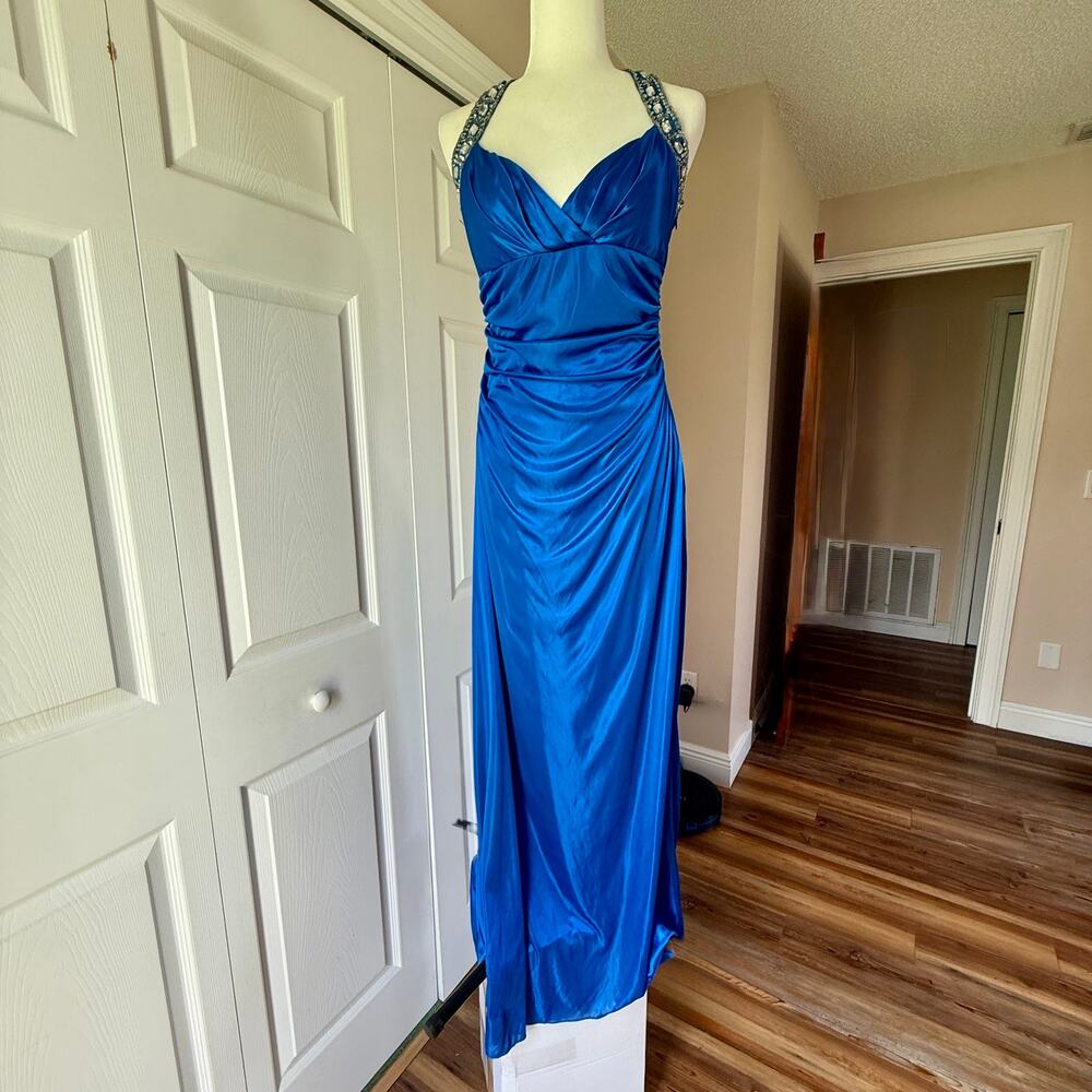 City Triangles L Cobalt Blue Beaded Backless Prom Formal Evening Gown 65"